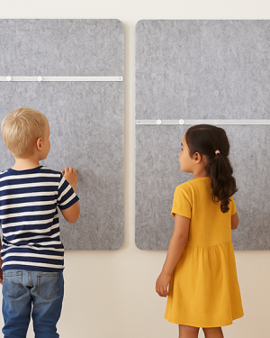 Absorber-Wandelement PET R Doppelplatte Hochformat mit Schiene und Magneten in einer Kita