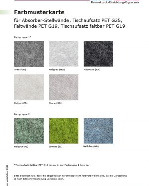 Farbmusterkarte Absorber-Stellwände-Tischeaufsatz-Faltwände