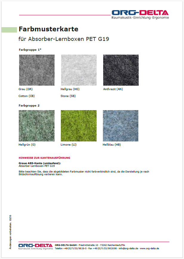 Farbmusterkarte Lernboxen PET G19