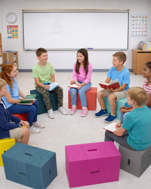 Kinder sitzen im Sitzkreis auf bunten Xbrick® Hocker im Klassenzimmer und lernen gemeinsam