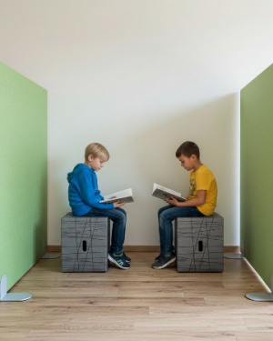 Zwei Kinder sitzen auf Xbrick® Hocker zwischen grünen Absorber-Stellwänden PET G25 und lesen Bücher in einer ruhigen Lernumgebung